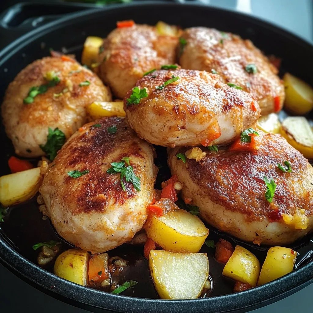 Hähnchenschenkel mit Gemüse und Kartoffeln aus dem Ofen
